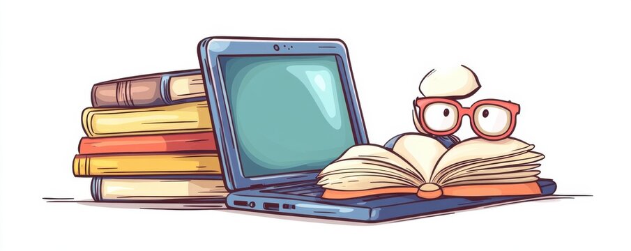 laptop, books, glasses, reading, colorful style clip art preview