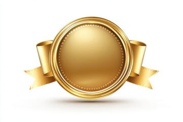 Elegant golden circular badge with decorative ribbon and laurel leaves on a white background