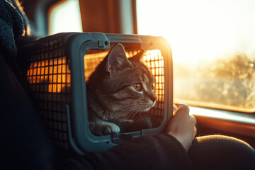Tabby cat is traveling safely and comfortably in a car inside a pet carrier, enjoying the view from the window during a road trip