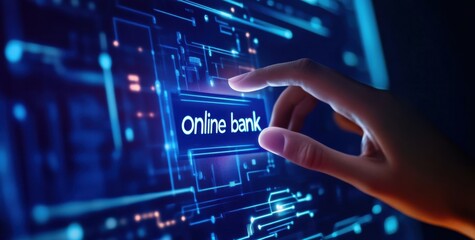 Hand reaching towards a glowing digital screen with online bank interface, representing modern banking technology