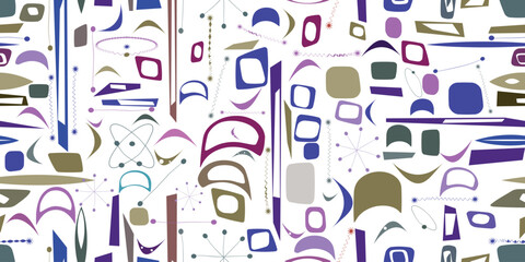 Vintage seamless pattern with mid century modern design elements .  Endless pattern with vector abstract shapes. Retro fabric pattern