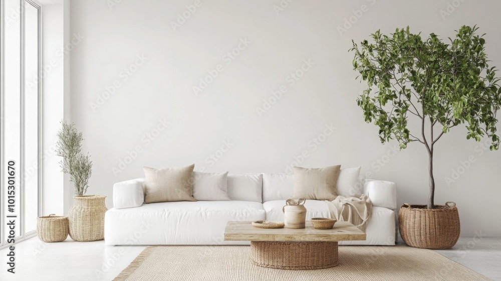 Poster a white sofa with three pillows sits in a living room. the sofa is in front of a white wall and a la