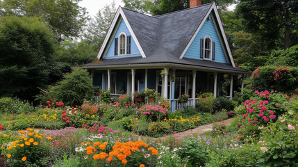Fototapeta premium Klasyczny dom, którego elewacja utrzymana jest w ciepłych odcieniach beżu i bieli. Wokół niego znajduje się urokliwy ogród kwiatowy, wypełniony kolorowymi roślinami.