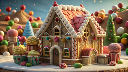 Fototapeta premium Whimsical gingerbread house with candy decorations in a fantasy candyland.