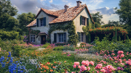 Fototapeta premium Klasyczny dom, którego elewacja utrzymana jest w ciepłych odcieniach beżu i bieli. Wokół niego znajduje się urokliwy ogród kwiatowy, wypełniony kolorowymi roślinami.