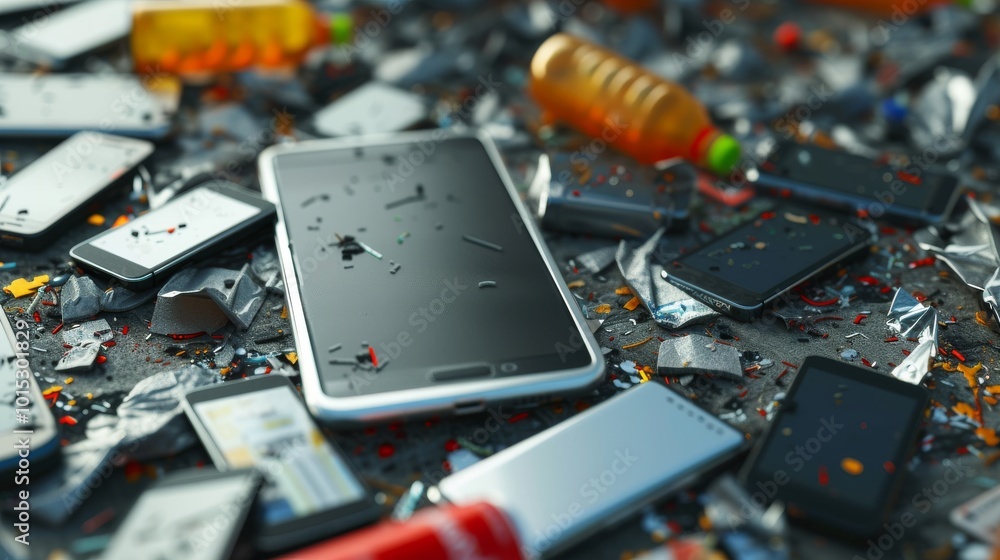 Poster a close-up view of a smartphone lying on a cluttered surface filled with scattered debris, including