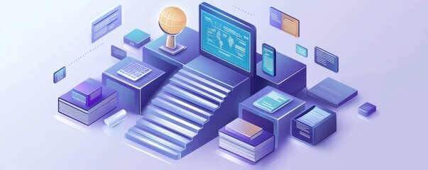 Fototapeta premium Isometric illustration of a global network with digital devices, books, and a globe symbolizing connectivity and information exchange