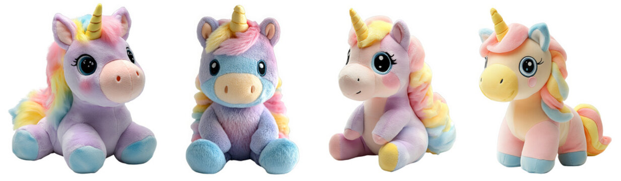 Colorful plush unicorn toys sitting in a row with transparent background