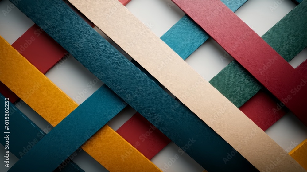 Poster a striking arrangement of geometric shapes in bold colors creates a dynamic visual pattern. overlapp