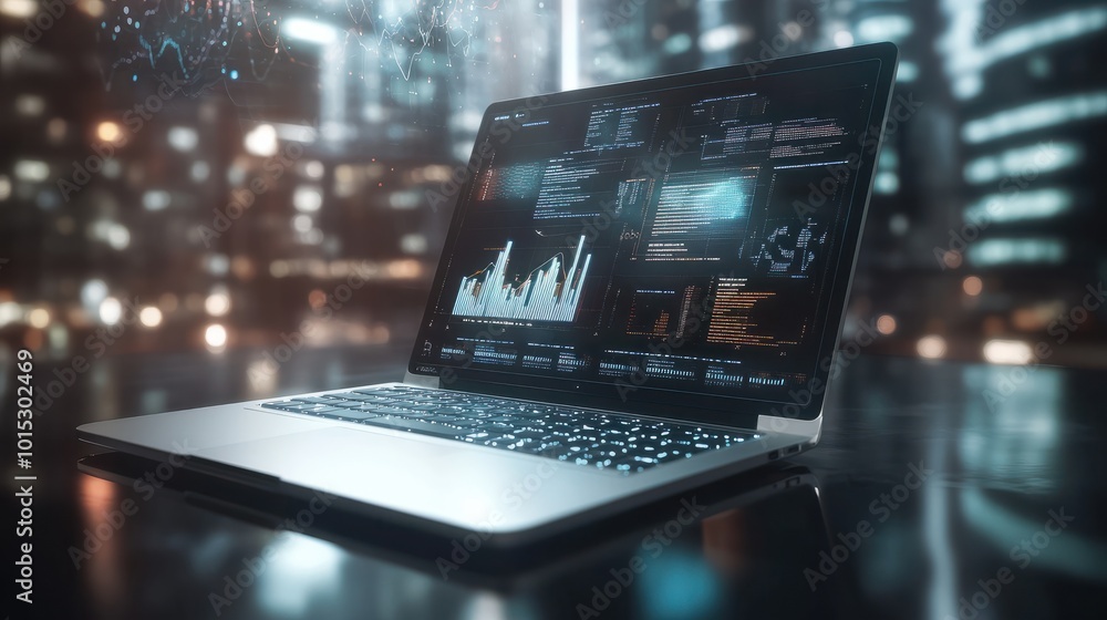 Poster 3d rendering of an advanced laptop with holographic data visualizations and graphs floating above th