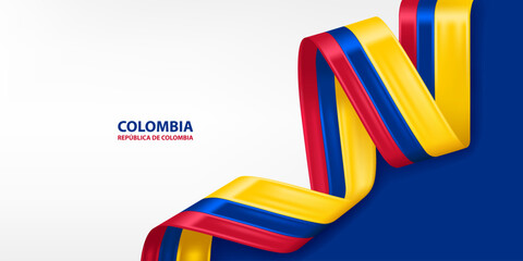 Colombia 3D ribbon flag. Bent waving 3D flag in colors of the Colombia national flag. National flag background design.
