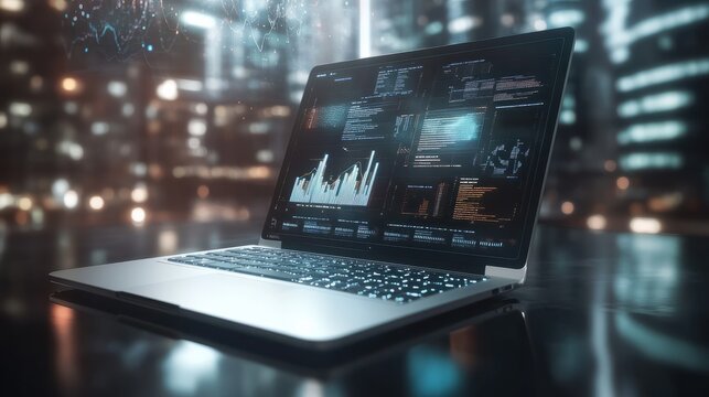 3D rendering of an advanced laptop with holographic data visualizations and graphs floating above the screen, symbolizing technology's role in business analytics