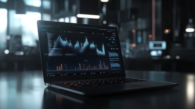 3D rendering of an advanced laptop with holographic data visualizations and graphs floating above the screen, symbolizing technology's role in business analytics