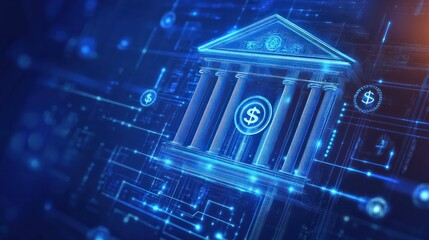 A bank icon on a blue background with white lines and circles in the futuristic style of digital graphics