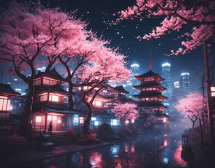 Fototapeta premium Fantasy night city japanese landscape with neon-lit cityscape, sakura tree, and traditional architecture