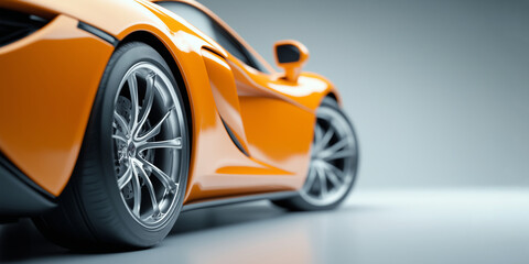 A super sports car showcases its vibrant orange color and sleek design under studio lighting, highlighting its curves and shiny wheels. Exclusive sports car on a white studio background.