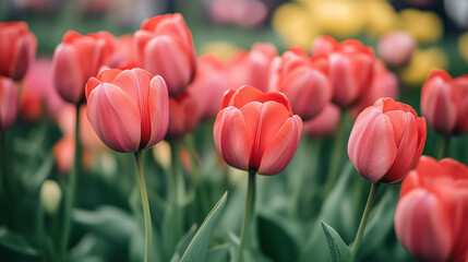 Naklejka premium W pełnym rozkwicie tulipany prezentują swoje intensywne kolory, tworząc malowniczy widok.