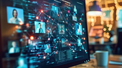 A digital network depicting interconnected people on a computer screen, symbolizing online communication and relationships