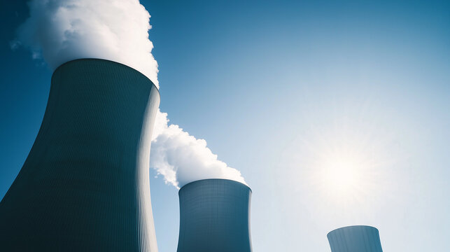 Nuclear power plant cooling towers emitting steam under blue sky