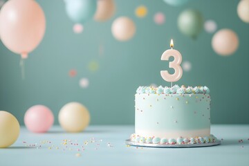 blue brightly coloured birthday cake with burning candles, balloons, confetti, a celebration. Number, figure is 3 years old. Pastel colours for a birthday party. Poster, greeting card, copy space