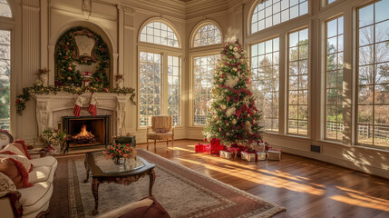 Bright Christmas living room with fireplace and decorated Christmas tree. AI Generated