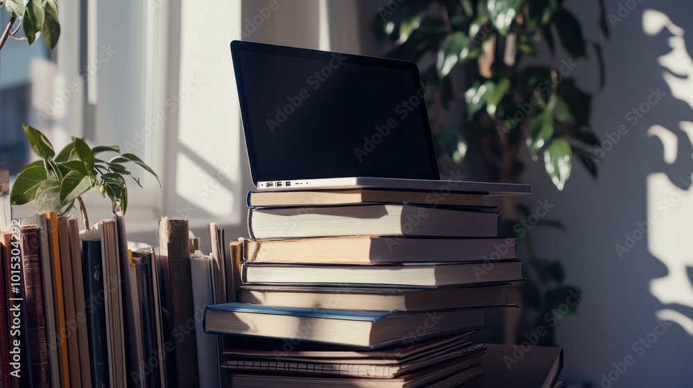 Poster a laptop computer is placed on top of a stack of various books.