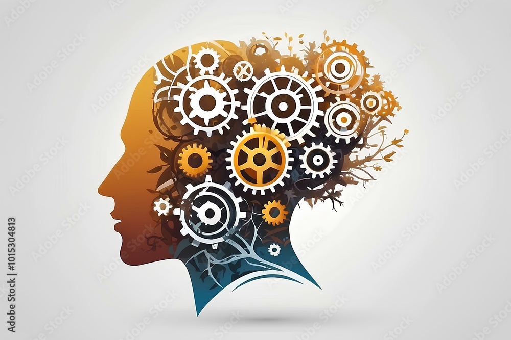 Poster mechanical brain silhouette with interconnected gears symbolizing thought processes