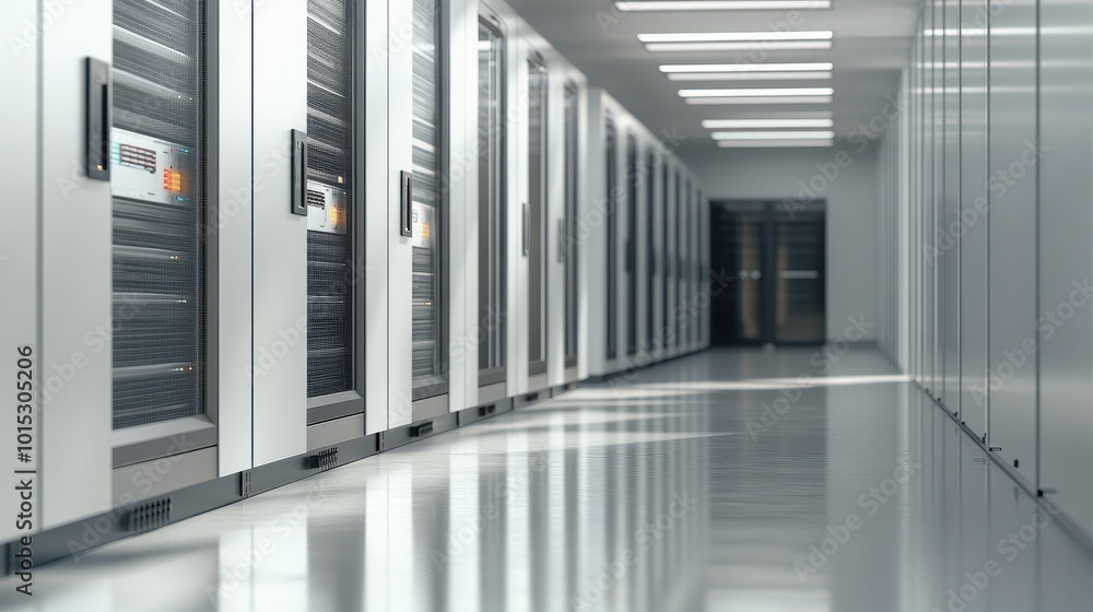 Poster a row of servers in a server room. perfect for technology and data center concepts