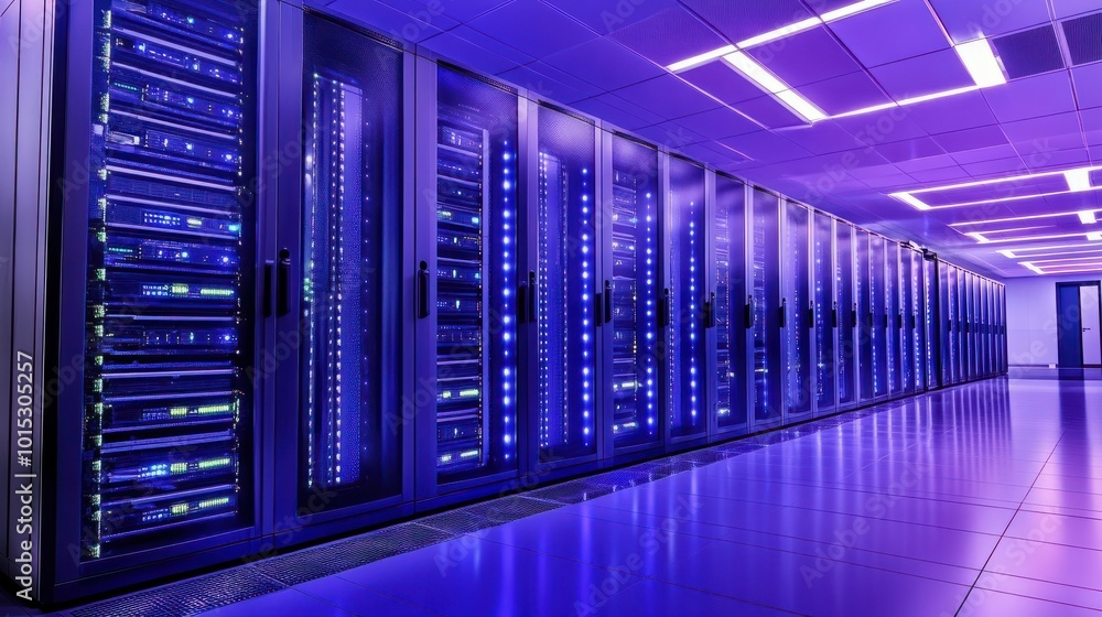 Poster a row of servers in a server room. perfect for technology and data center concepts