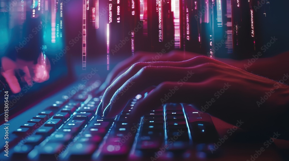 Poster futuristic typing: hands on keyboard with holographic data streams for technological advancements