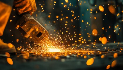 A worker uses a cutting torch to cut metal, sending sparks flying in the air.