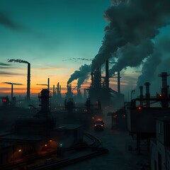 Industrial Twilight: Active Factory with Smokestacks & Truck - Dark Atmospheric Scene