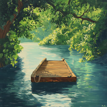 Idyllic Afternoon: Secluded Raft Scene Rendered in 128-bit Gouache Style