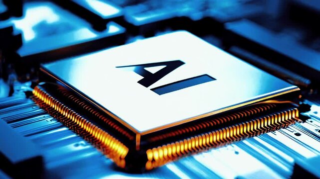 A gleaming silicon chip, etched with the word "AI," sleek design and precision engineering of the chip. Its reflective surface shimmers in the light