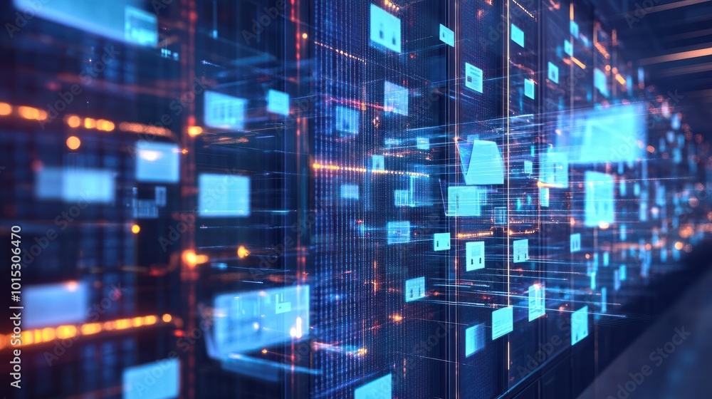 Poster abstract network grid with files and folders, futuristic software interface, digital document manage