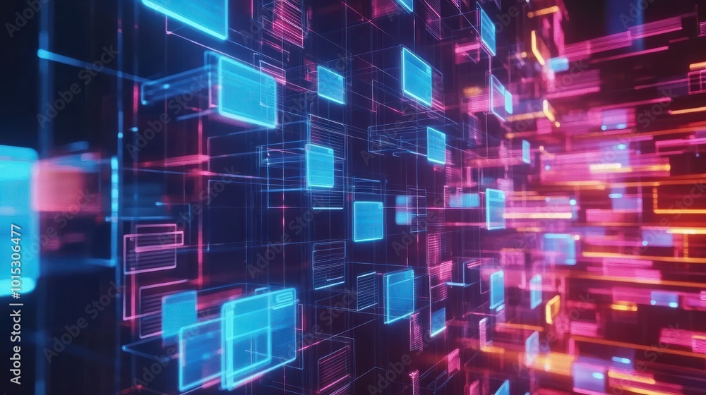 Poster abstract network grid with files and folders, futuristic software interface, digital document manage