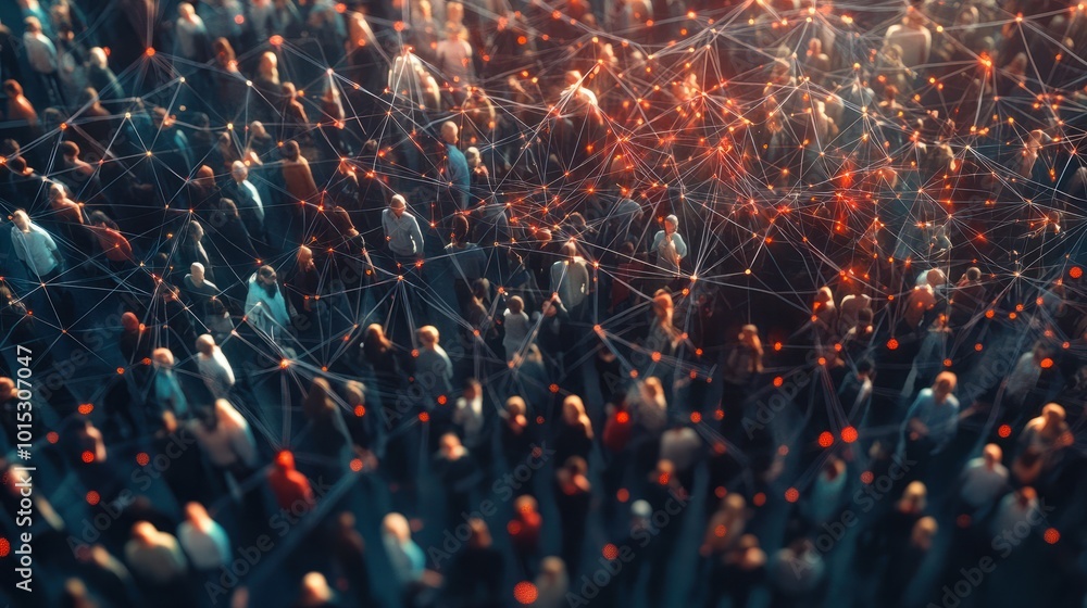 Aufkleber aerial view of a crowd with a network of connections, generative ai