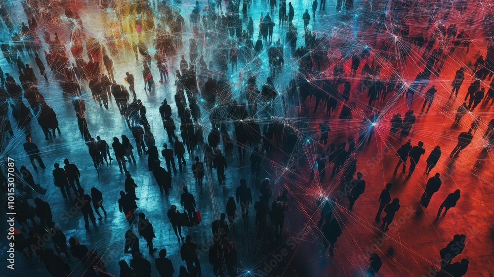 Aufkleber aerial view of a crowd with a network of connections, generative ai