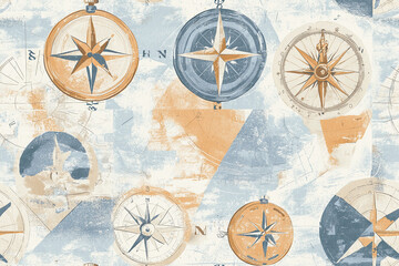 Fototapeta premium seamless repetitive pattern background of vintage nautical maps and compasses in faded blues and browns