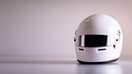 Fototapeta premium A white racing helmet is positioned at an angle on a light grey surface, showcasing its glossy finish. The visor area is empty, offering space for custom branding