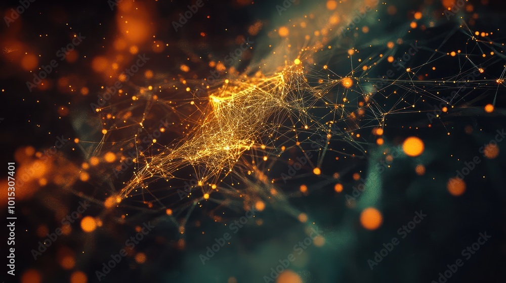 Poster an abstract concept of digital cyberspace containing particles and data network connections.