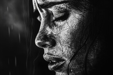 A woman with tears in her eyes is shown in a black and white photo, generative ai image