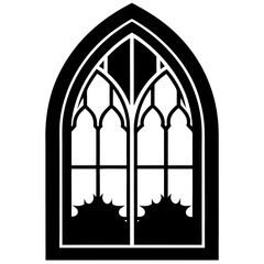 Gothic Window Silhouette with Eerie Shadows Line Art Vector