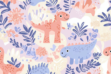 Seamless repetitive pattern background of playful cartoon dinosaurs in pastel colors for children's rooms 
