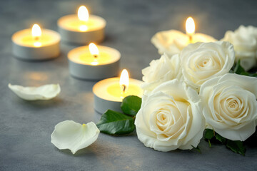 White roses and lighted candles on a gray background conveying condolences and sympathy