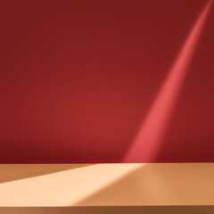 Obraz premium Empty table on red, pink color background with natural shadow on the wall. Mock up for food, branding products, presentation, perfumes or health care.. 