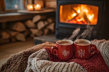 Hygge hot cocoa by fireplace