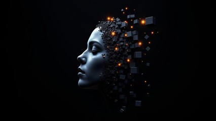 Digital Woman's Profile with Abstract Cubes and Glowing Particles on Dark Background
