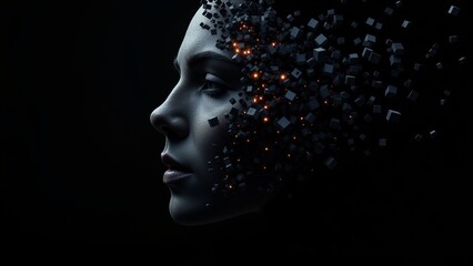 Digital Woman's Profile with Abstract Cubes and Glowing Particles on Dark Background
