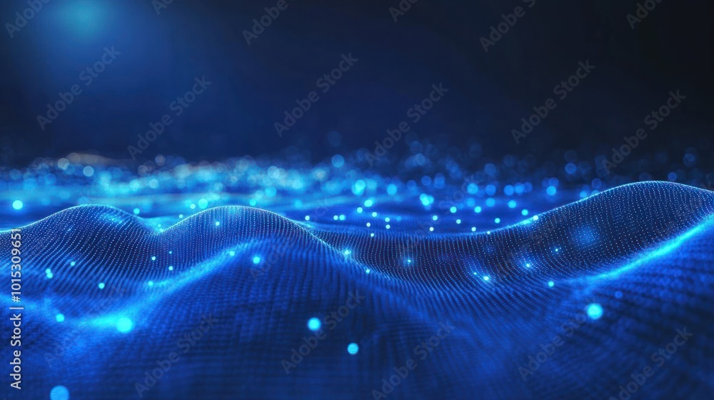 Poster blue abstract background with a network grid and particles connected.